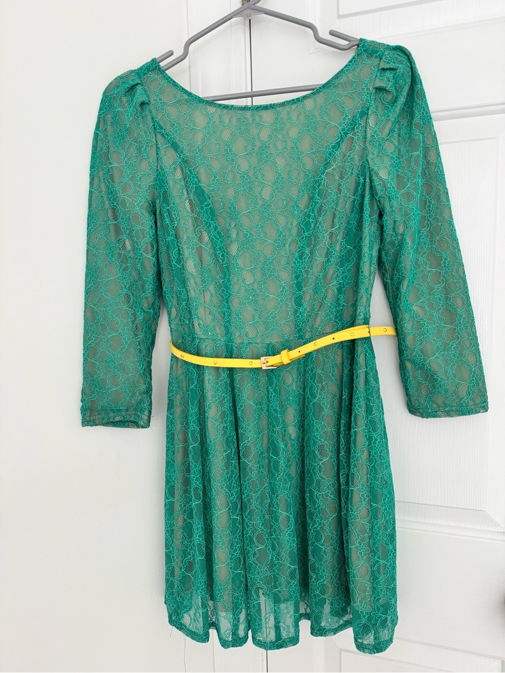 Green Lace Fit-and-Flare Dress with 3/4 Sleeves